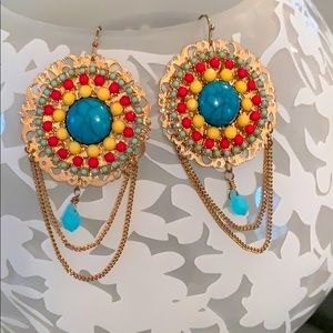 Turquoise beaded gold dangle earrings